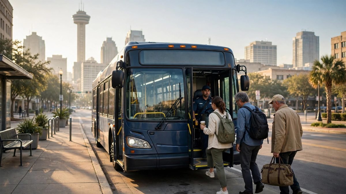 Passengers boarding a city bus in downtown San Antonio with the Tower of the Americas behind, the driver at the wheel