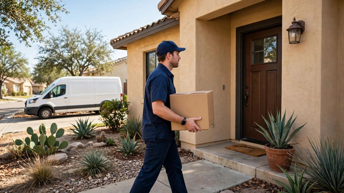 A delivery driver carrying a package to the front door of a San Antonio home, van at the curb