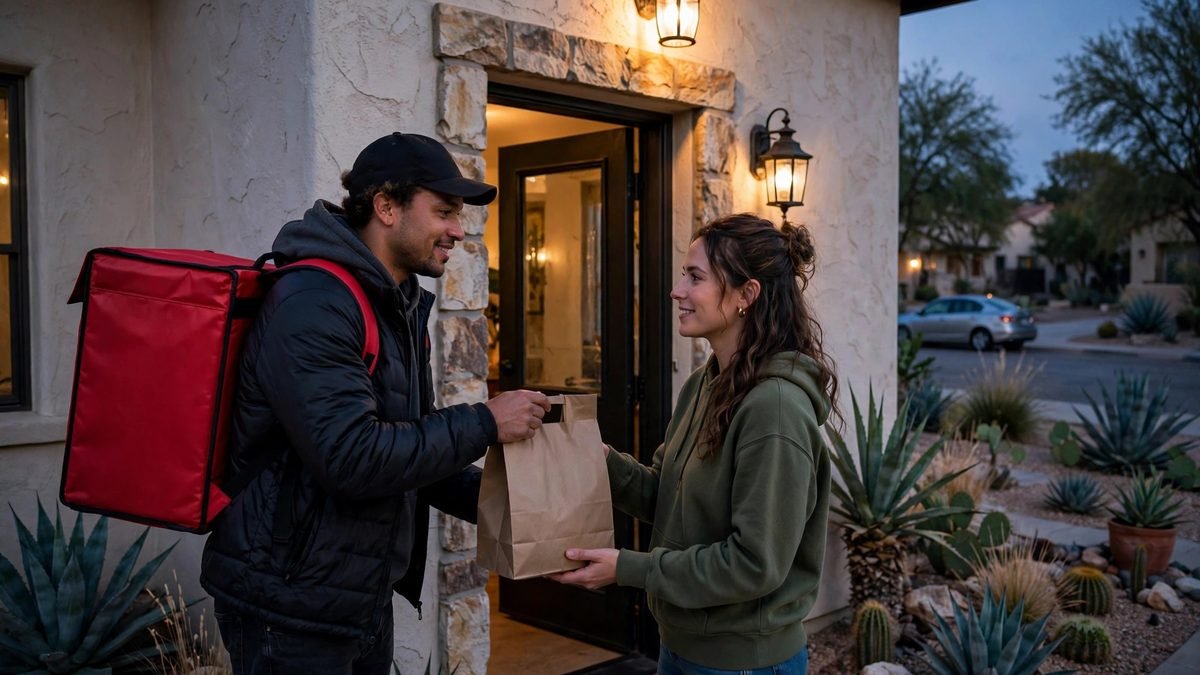 A food delivery driver with a red insulated backpack handing a takeout bag to a customer at a San Antonio home at dusk