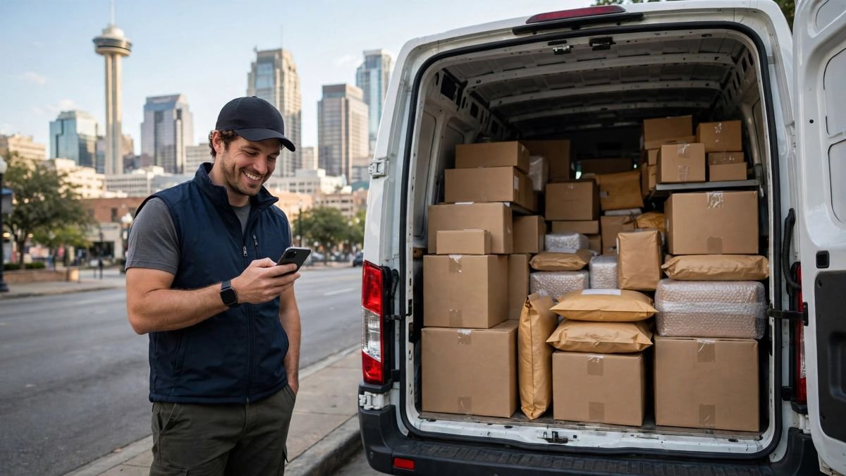 A courier checking his delivery app beside a loaded van with the San Antonio skyline behind him