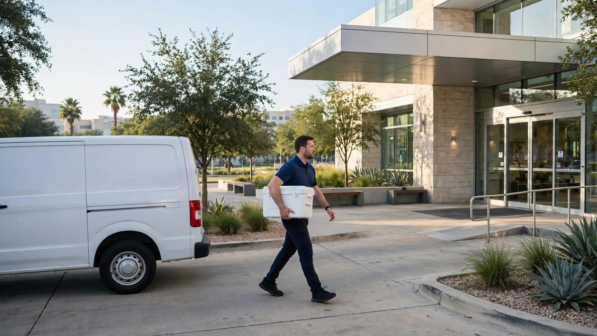A medical courier carrying a sealed specimen cooler from a white van into a San Antonio hospital entrance