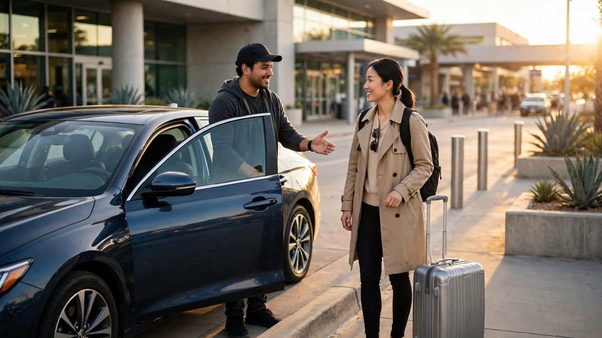 A rideshare driver greeting a passenger with a suitcase outside an airport terminal in San Antonio