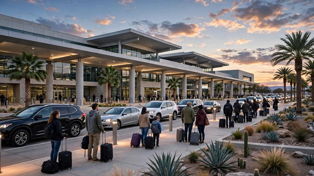 Cars in the arrivals pickup lanes outside San Antonio International Airport at dusk