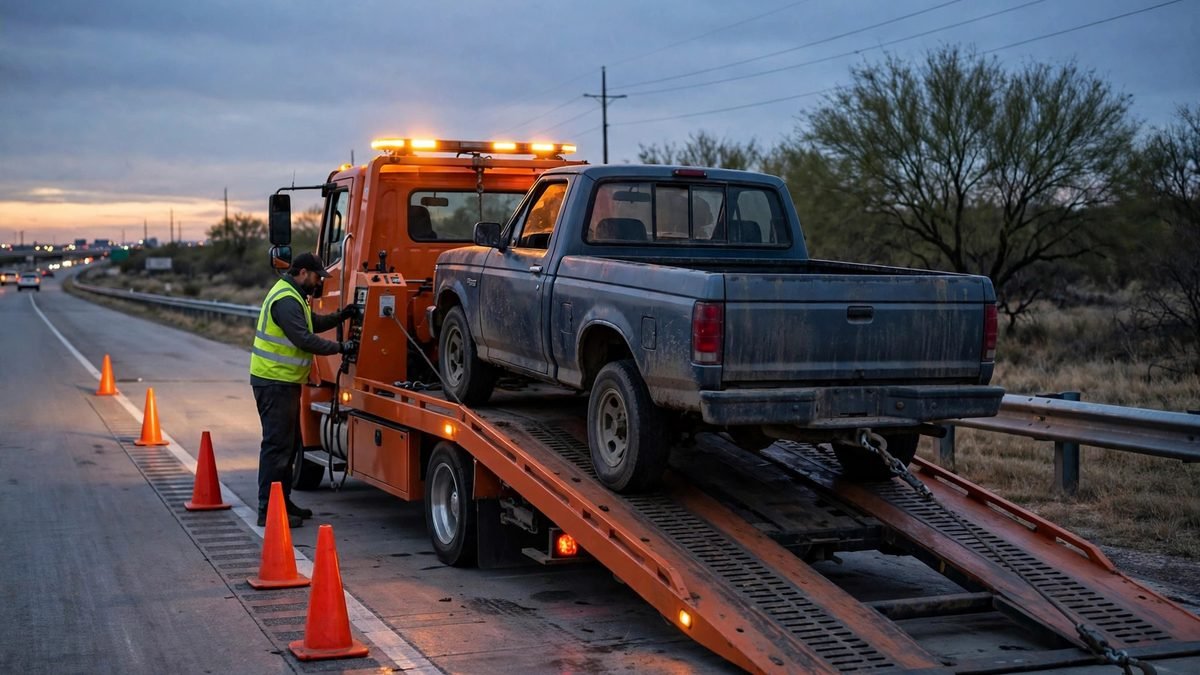 A tow truck operator in a hi-vis vest loading a pickup onto an orange flatbed on a San Antonio highway shoulder at dusk