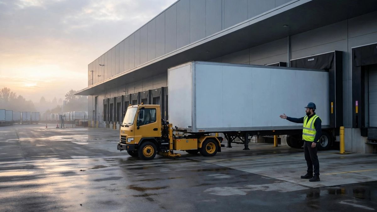A yard spotter truck backing a semi trailer into a warehouse dock door at dawn in San Antonio