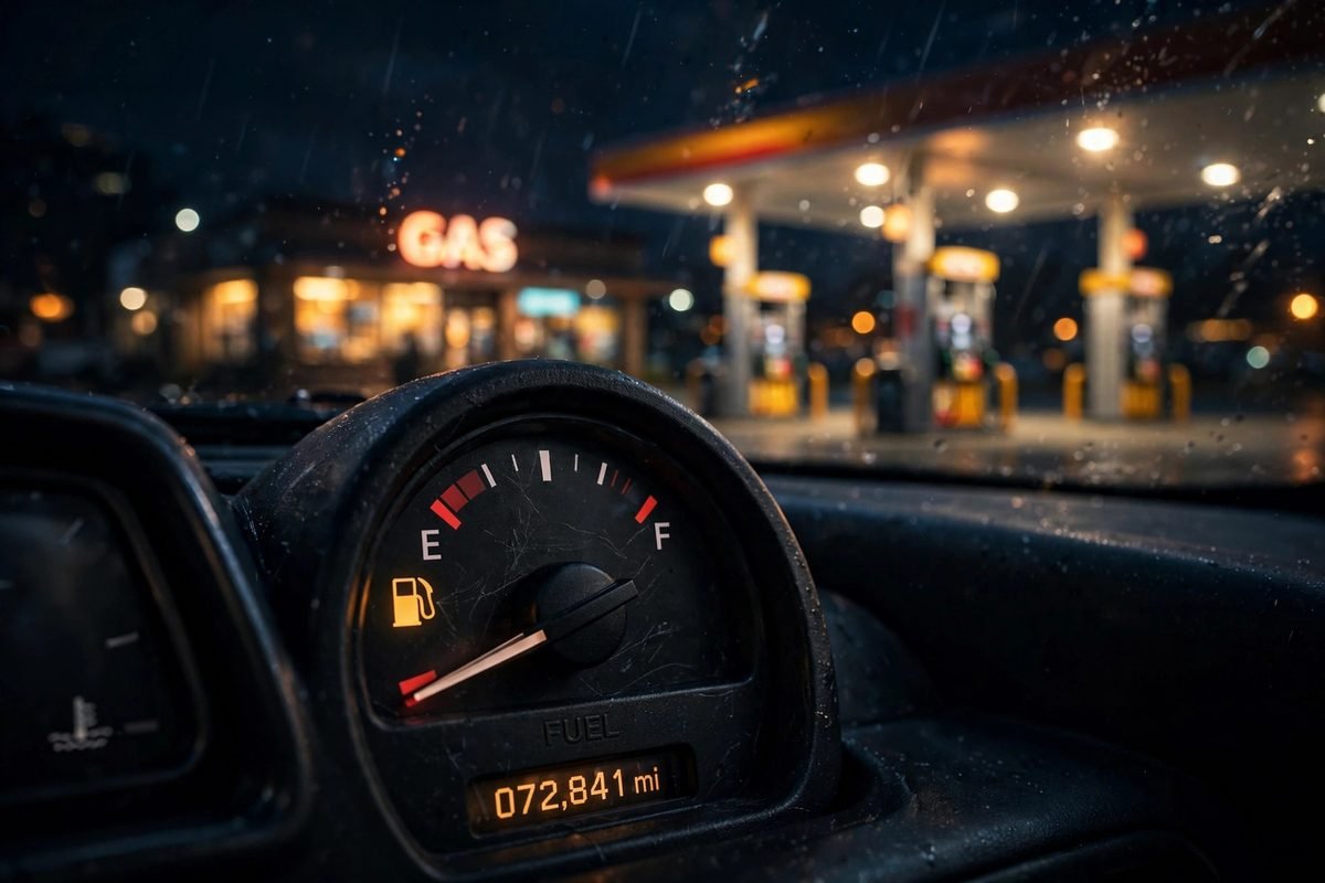 Car fuel gauge near empty at a gas station at night