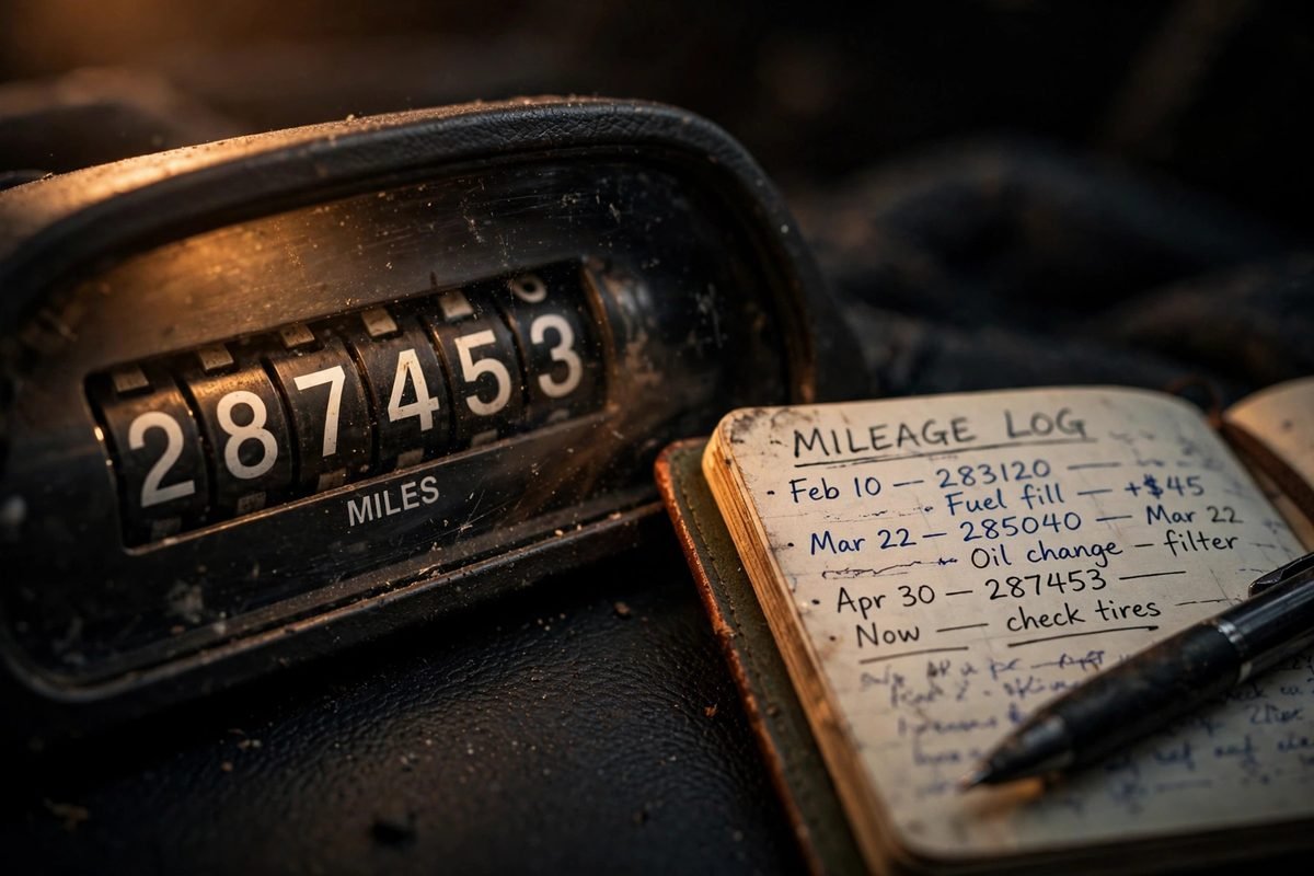 Car odometer with a notebook for logging business miles