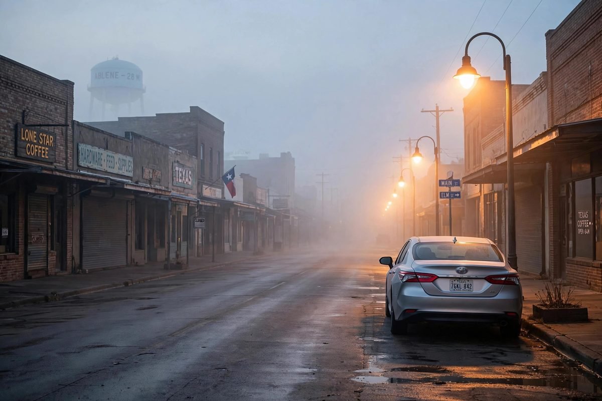 A quiet San Antonio street at dawn with one car under streetlights
