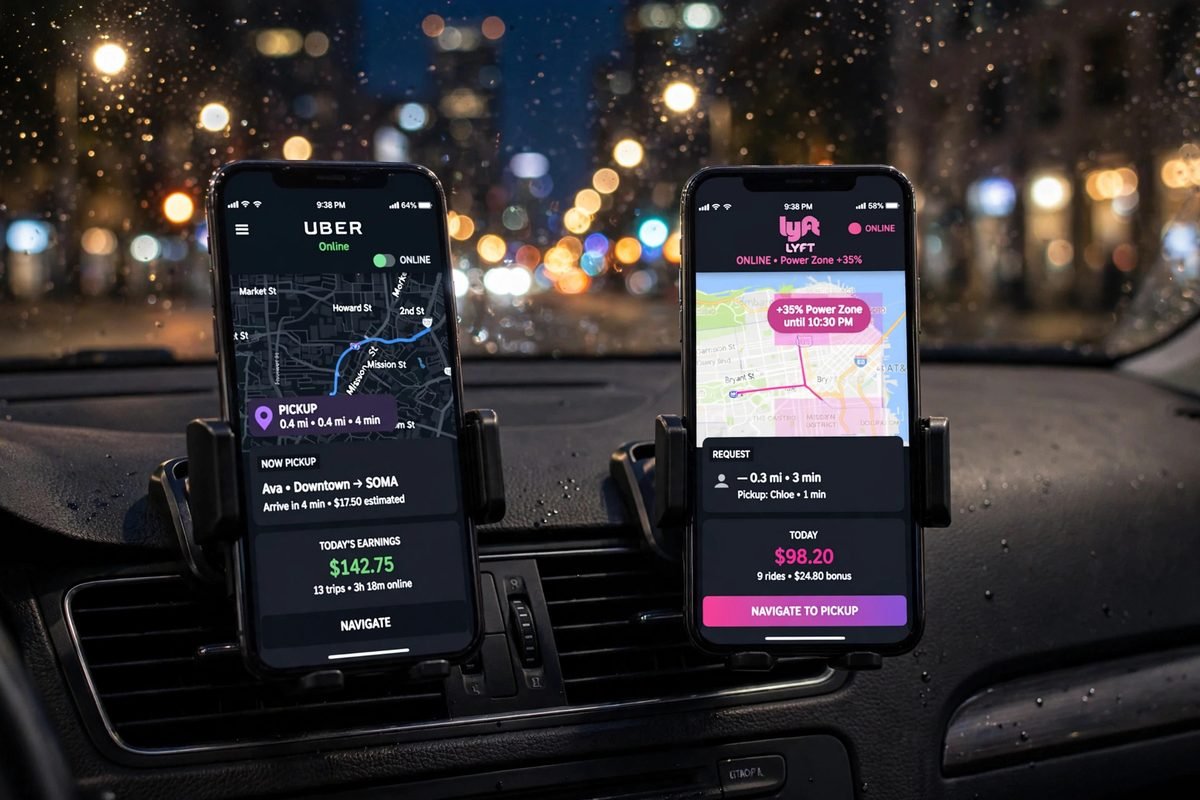 Two phones on a car dashboard showing rideshare driver apps at night