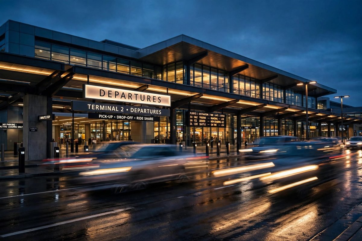 Cars outside San Antonio International Airport at dusk