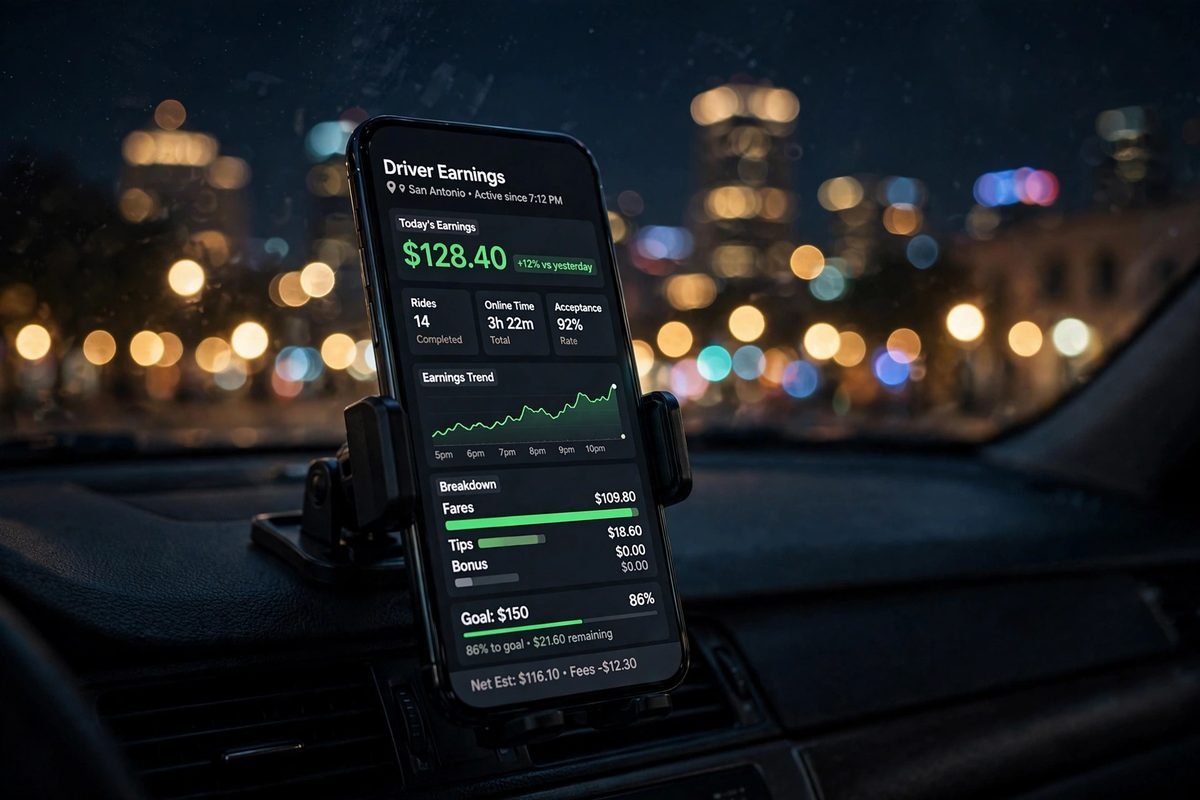 Rideshare driver at the wheel on a San Antonio night